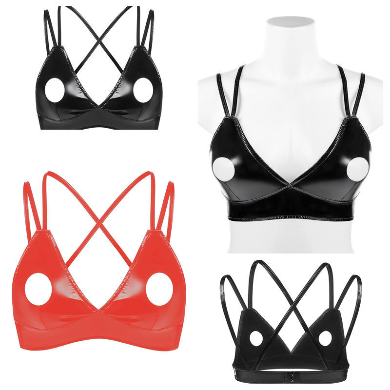 High-Gloss Lacquer Open-Chest Sexy Camisole Bra Pvc Leather Elastic Back Buckle Wireless Thin Strap Leather Bra