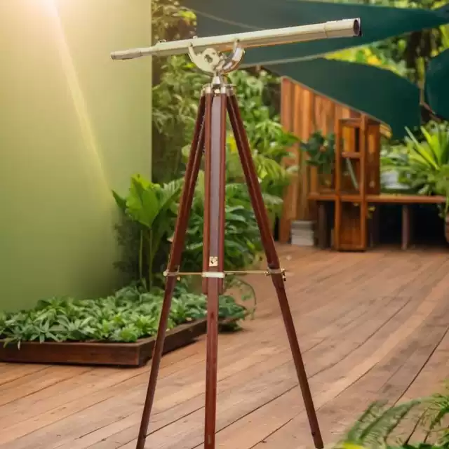 Kính thiên văn đơn đứng sàn bằng đồng thau vàng cổ điển Ấn Độ chân máy bằng gỗ nguyên khối đồ trang trí du lịch văn hóa sáng tạo