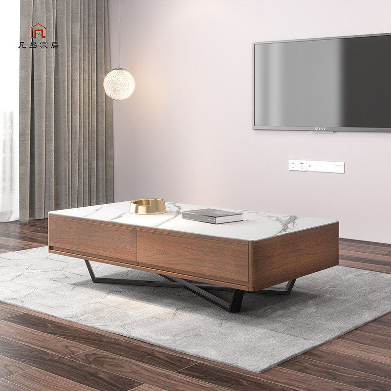 Simple modern rock plate coffee table TV cabinet combination Nordic walnut color size apartment living room creative storage tea table