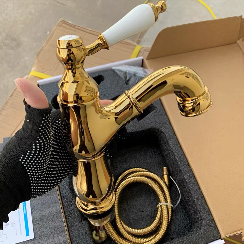 French-Style Vintage Pure Copper Pull-Out Faucet, Brass Chrome-Plated Basin Bathroom Cabinet Faucet, Gold and Silver Ceramic Handle