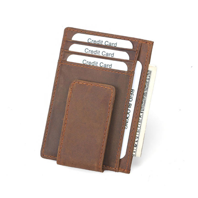 Europe and the United States anti-magnetic dollar clip Retro Crazy Horse leather men's first layer cowhide card bag multi-function document brown card clip
