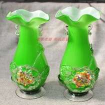 80s old glass vase flower arrangement glass vase ornaments old objects retro nostalgic collectibles green