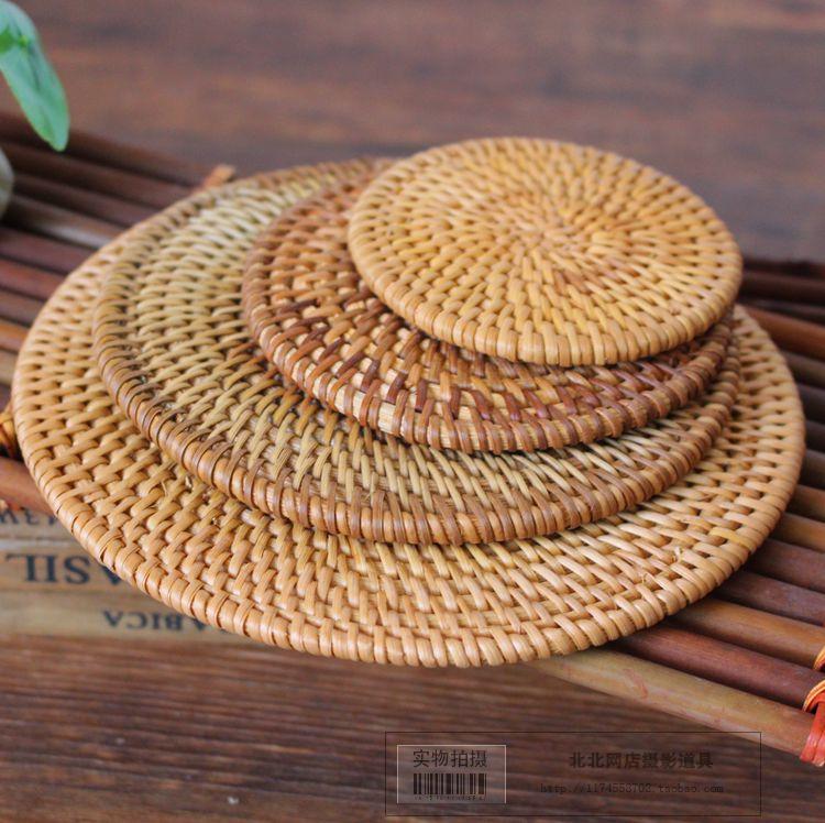 Rattan tea coaster, photography props, photo shoot, background decoration, cup holder, Vietnamese old rattan coaster