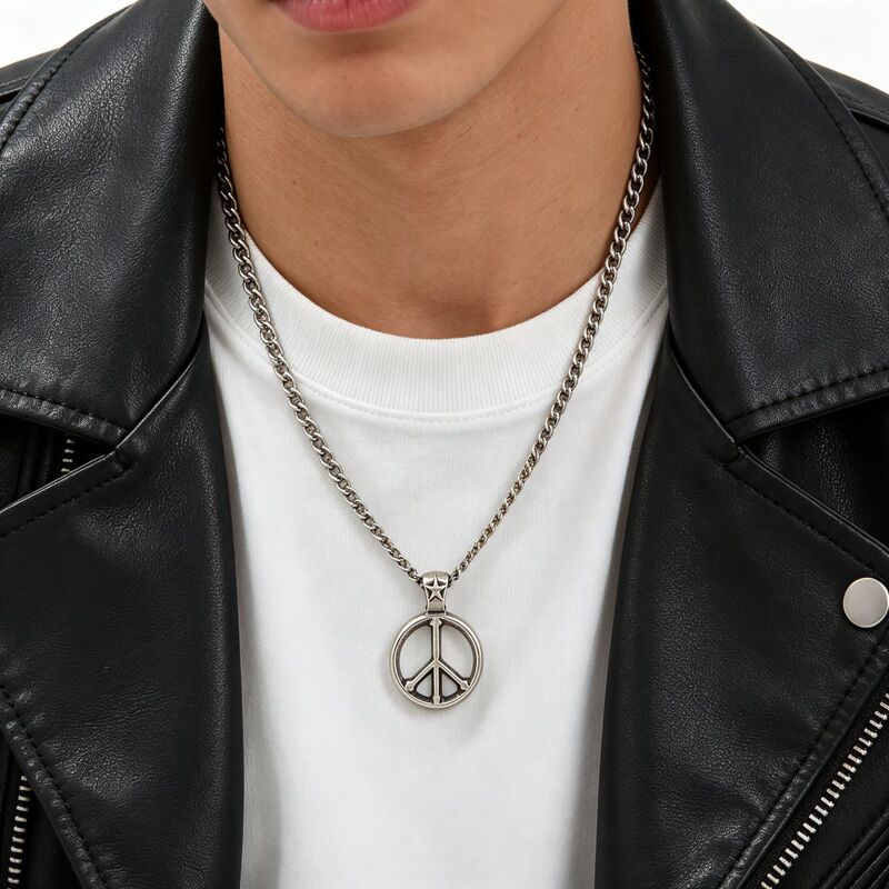 European and American Trendy Brand Retro-Style Titanium Steel Peace Sign Necklace for Men and Women, Cross Chain with a High-End Feel, Cool and Stylish Pendant, Can Be Engraved