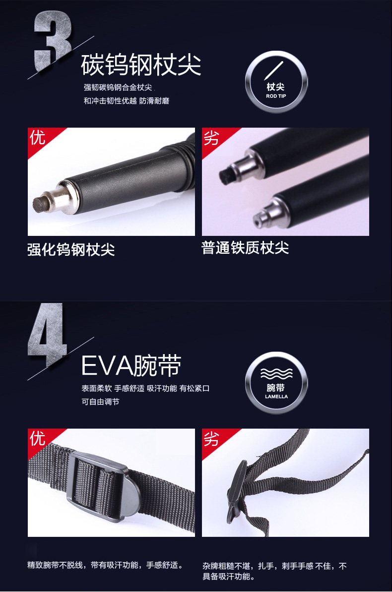 Walson Trekking cực nhẹ telescopic gấp mía đi bộ leo gậy gậy Thiết bị ngoài trời gậy đi bộ gấp gọn có đèn