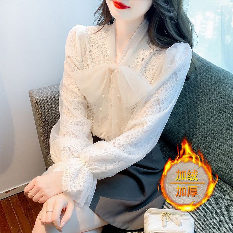 Осенне-зимняя женская шифоновая рубашка с длинными рукавами и бантом в западном стиле, осенне-зимняя рубашка с бантом и кружевным низом, топ с длинными рукавами
