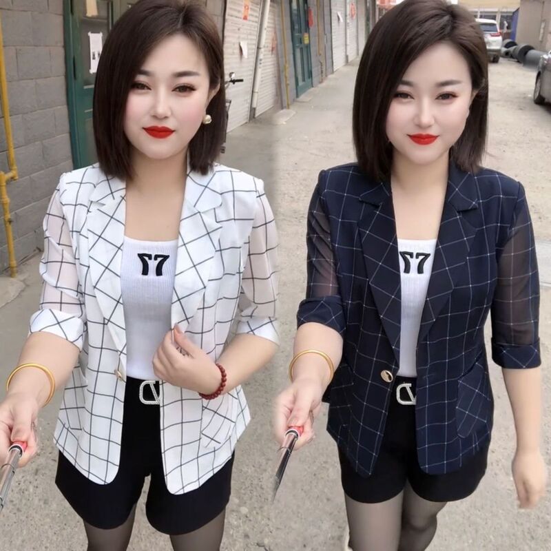 Elegant Plaid Blazer for Petite Women, 2026 Summer New Style, Three-Quarter Sleeves, Thin, Slim-Fit, Short Blazer