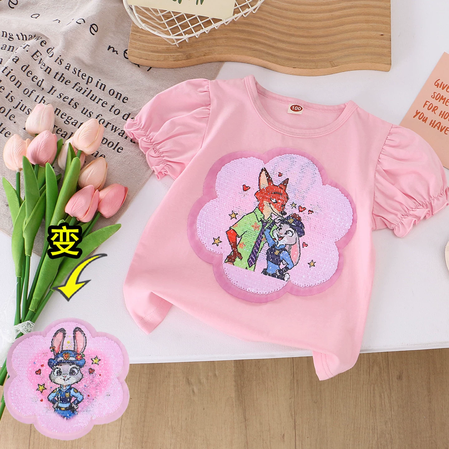 Футболка с коротким рукавом для 4-летнего мальчика из Зверополиса, герой лиса Ник НИК, с лицевой стразовой аппликацией, смена лица