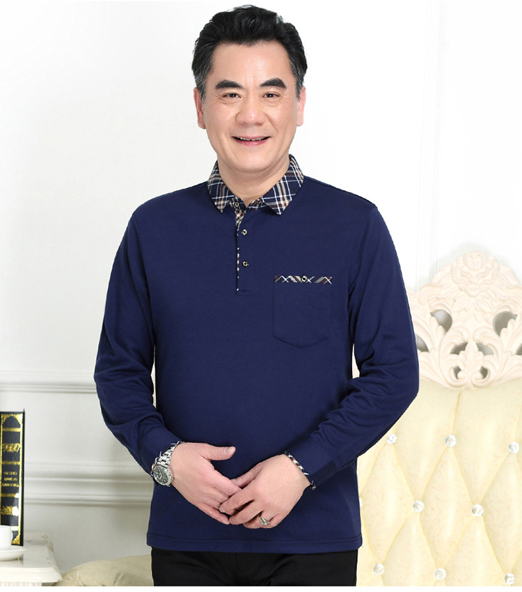 Cha mùa xuân và mùa hè cotton màu rắn trung niên nam dài tay t-shirt phần mỏng polo áo sơ mi quần áo trung niên quần áo nam