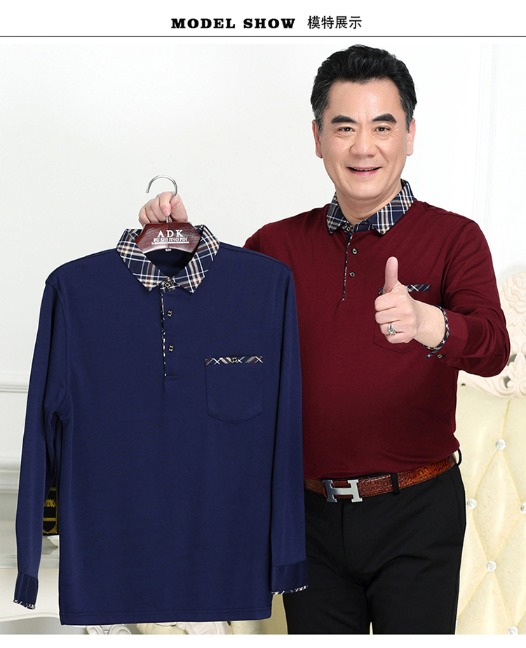 Cha mùa xuân và mùa hè cotton màu rắn trung niên nam dài tay t-shirt phần mỏng polo áo sơ mi quần áo trung niên quần áo nam