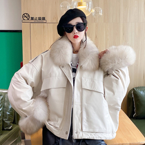2021 Winter leather double large pocket thick warm down coat female sheep leather fox fur collar detachable short coat