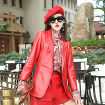 Baona Qiqi leather womens autumn and Winter new temperament slim suit jacket leather sheepskin nine-point sleeve coat