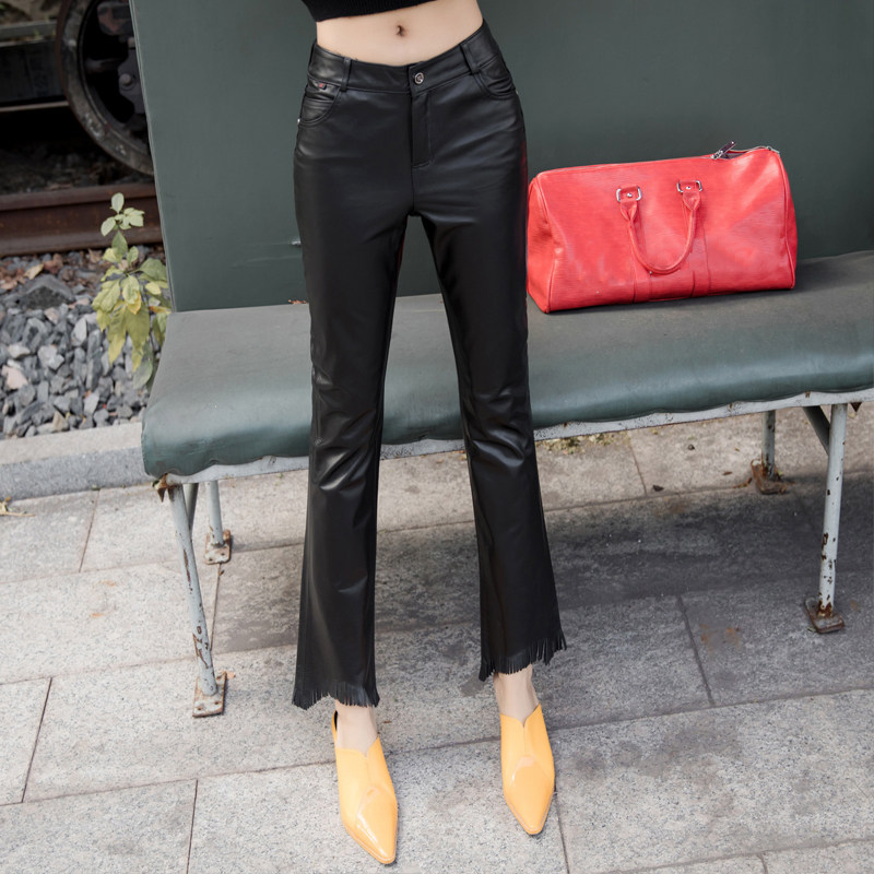 Leather nine-point pants women's autumn and winter new pure cowhide leather pants slim slim leather micro-flared pants tassel leather pants