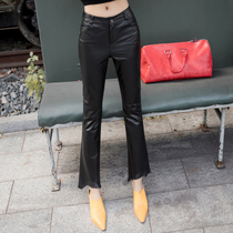 Leather nine-point pants womens autumn and winter new pure cowhide leather pants slim slim pure leather micro-flared pants tassel leather pants