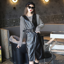 2021 autumn and winter new leather leather skirt womens long slim thin leather strap dress fashion sheepskin dress