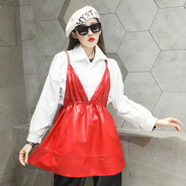 Autumn and winter leather slim dress womens 2021 new suspender V-neck skirt sheepskin fashion loose leather skirt