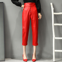 Leather pants women 2021 autumn and winter new leather high waist straight pants sheep leather casual Joker seven-point pants tide