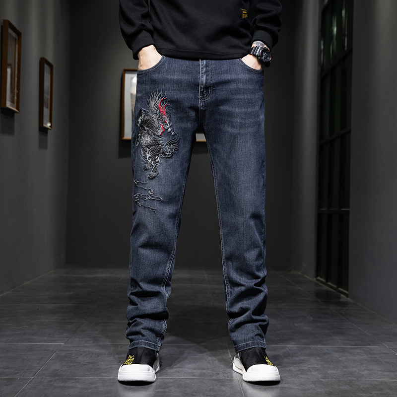 Chinese-Style Unicorn Pattern Heavy Embroidery Jeans for Men, Trendy Brand, Loose Fit, Autumn 2026 New Elastic Long Pants