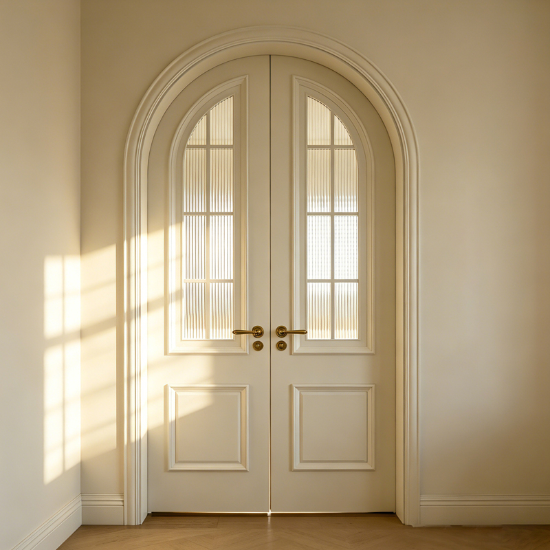 Mysj Solid Wood Lacquered Arched Bedroom Double Door in Light French Cream Style with a Vintage Look Mysj Solid Wood Lacquered Arched Bedroom Double Door in Light French Cream Style with a Vintage Look