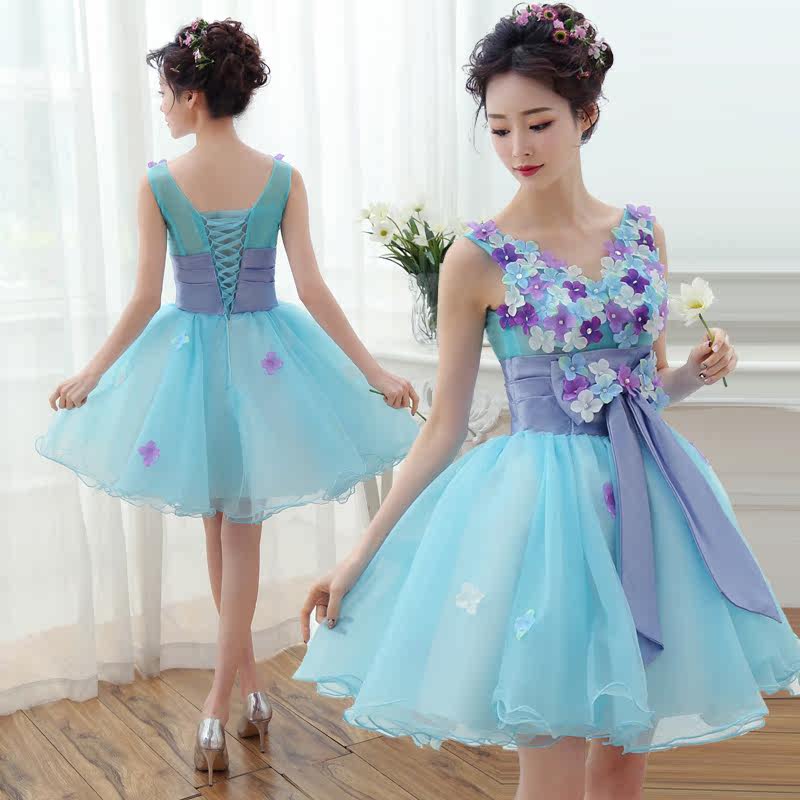 Color yarn 2019 spring and summer new performance Dress Fluffy Skirt Short Banquet Hosted Bridesmaid Evening Gown Lady Photo Gallery Theme