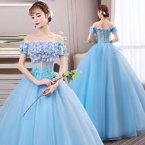 2020 new colored gauze evening dress puffy dress gown Bel sound stage solo art test gown shoulder long costume