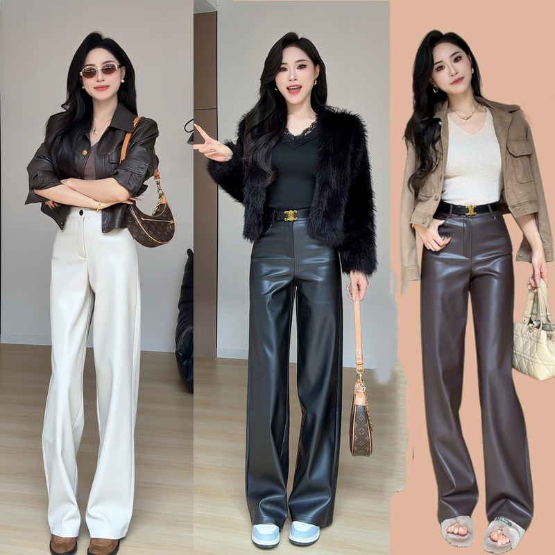 Protein Pu Leather Pants for Women, 2026 Autumn and Winter New Style, High-Waisted, Slim-Fit, Straight-Leg, Loose, Slimming, Hip-Covering, Casual Long Pants