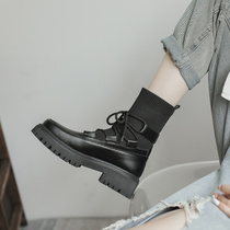 Joker autumn 2021 new black strappy womens socks short-tube boots ins tide thick-soled thin Martin single boots