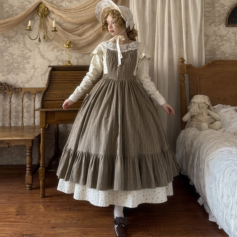 Fantasy Box Retro Vintage Little Women Movie-Style Autumn and Winter Pure Cotton Long Dress for Women in Stock