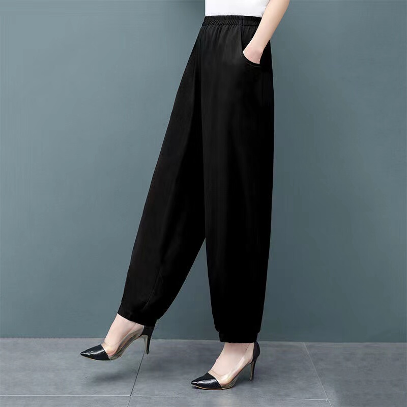 Summer Thin Cotton Silk Pants for Middle-Aged and Elderly Mothers, High-Waisted Solid Color Lantern Pants, Plus-Size Wide-Leg Women's Pants with Elastic Waist