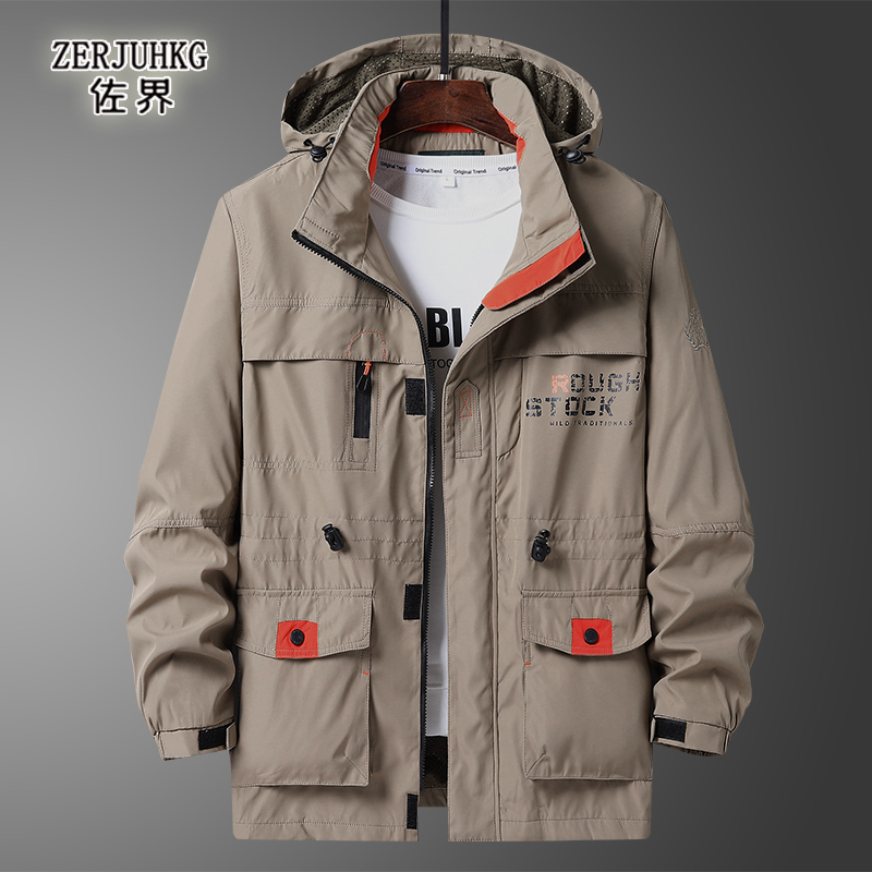 Zojie Workwear Jacket for Spring and Autumn, Loose-Fitting Men's Mid-Length Outdoor Windbreaker, Casual Jacket for Middle-Aged Men
