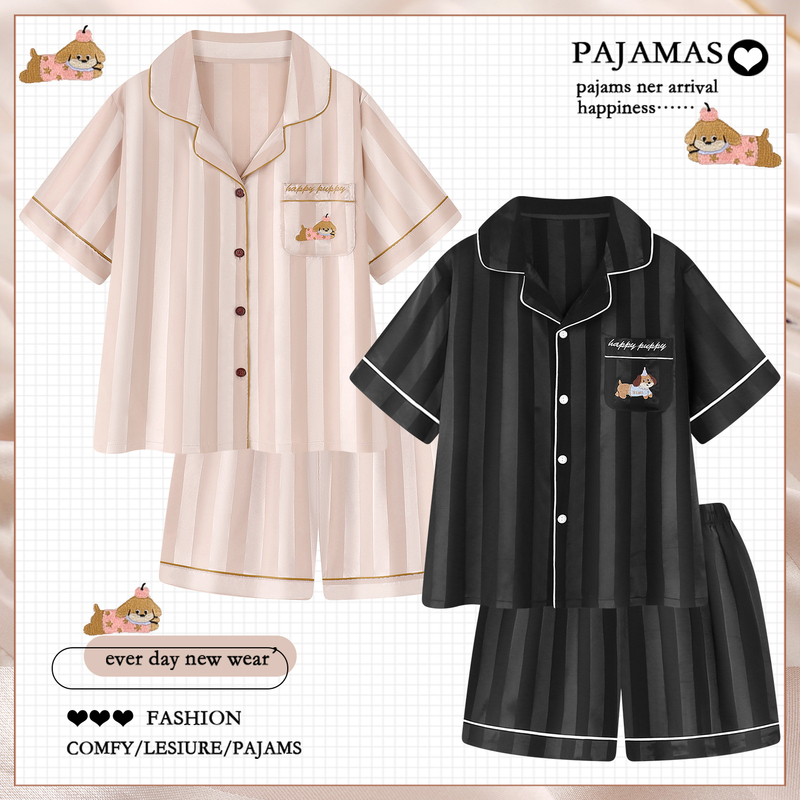 2026 New Striped Ice Silk Pajamas Couple Set, One for Men and One for Women, Summer Thin Short-Sleeved Loungewear Summer Set