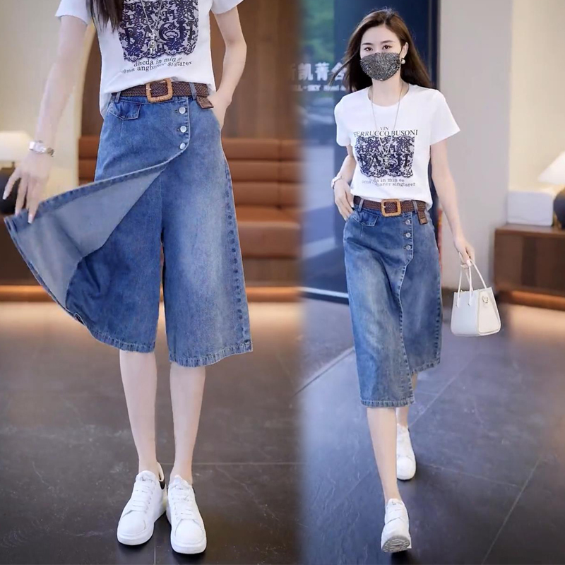 Skirt Pants Set That Makes You Look Younger, Stylish and Elegant, Summer Top for Women with a High-End Feel, Paired with a Half Skirt, Faux Two-Piece Denim Dress