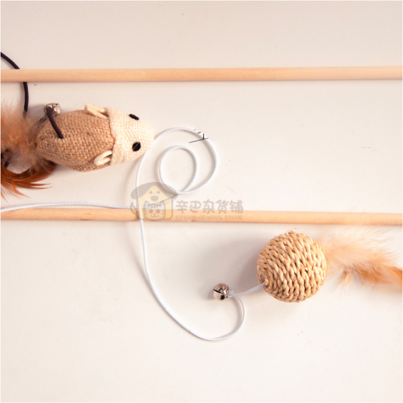 2 Quality Teddy Cat Ball Stick Pet Toy Cat Interactive Natural Wooden Bell Ball Mice