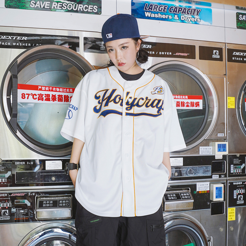 Busykid Hip-Hop Baseball Short-Sleeved American Trendy Brand Embroidered Cardigan West Coast Jersey Hiphop Street Dance T-Shirt