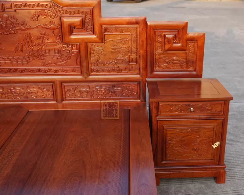 Myanmar lê trái cây lớn gỗ gụ gỗ hồng mộc giường backgammon cảnh giường gỗ chạm khắc với ngăn kéo bộ sưu tập thực tế - Giường giường ngủ thông minh hiện đại