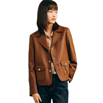 Ke Yanchun simple lapel retro college style sheepskin motorcycle jacket leather coat