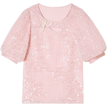 Keyanqiu puff-sleeved sweet button-down top lace chiffon shirt