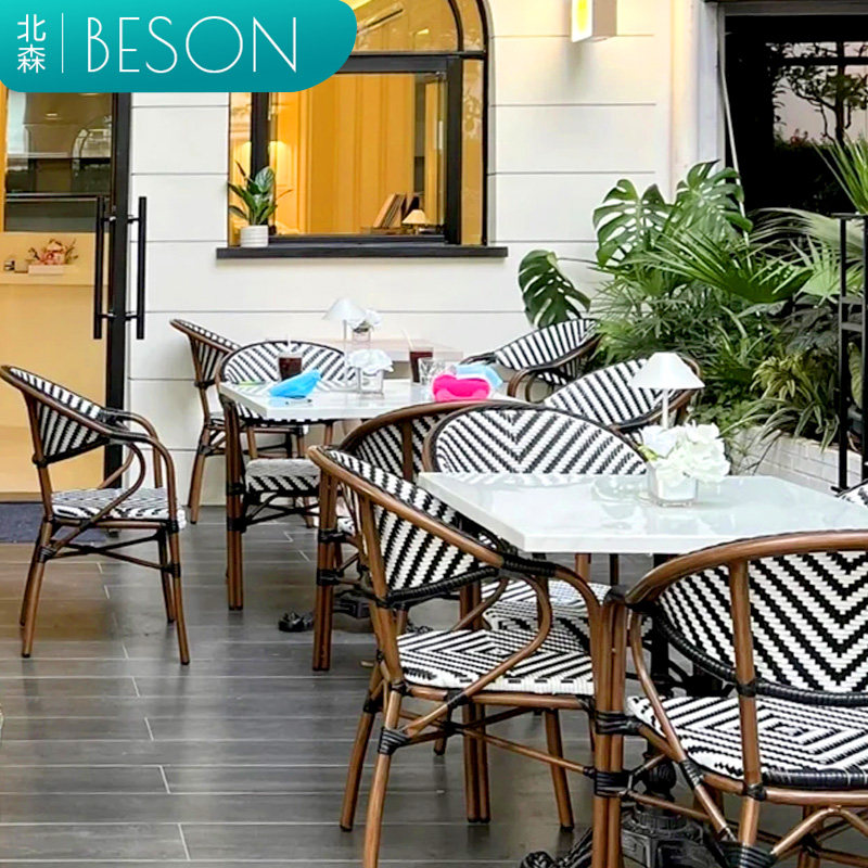 Outdoor table and chair dining room rattan chair courtyard dining bar milk tea shop retro creative dining chair net red French rattan chair