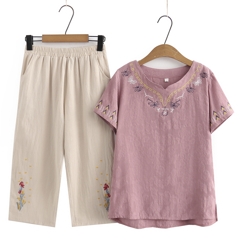 Middle-Aged Mother's Summer Cotton Suit, New Summer Short-Sleeved T-Shirt, Stylish Top, Grandma's Casual Two-Piece Set