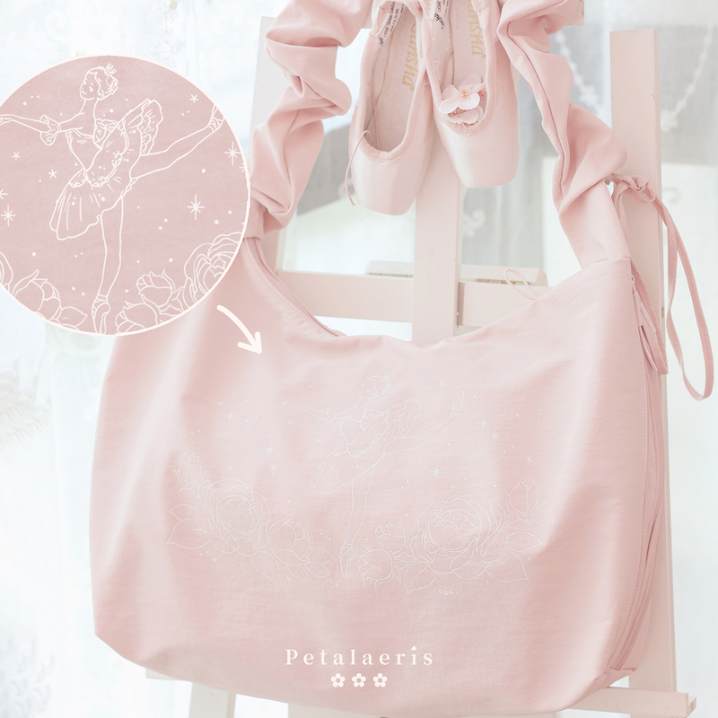 Petalaeris Lightweight Drawstring Crossbody Ballet Bag, Light Pink, Sleeping Beauty Print, External Shoe Pocket Petalaeris Lightweight Drawstring Crossbody Ballet Bag, Light Pink, Sleeping Beauty Print, External Shoe Pocket