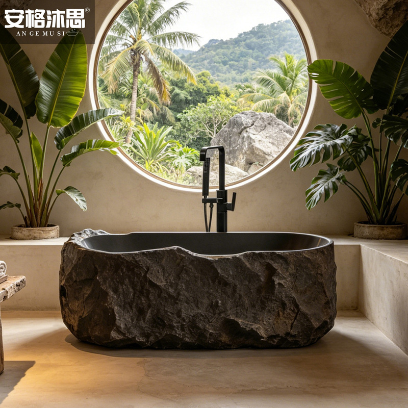 Japanese-Style Oval Bathtub for Home Use, Freestanding, Creative Rock Texture, Integrated Deep Soaking Tub for Small Apartments, Double Person