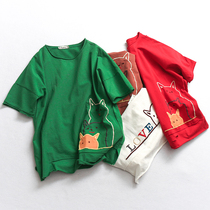 D022 large size womens cartoon embroidered loose round neck top summer new fat MM fashionable Joker womens T-shirt