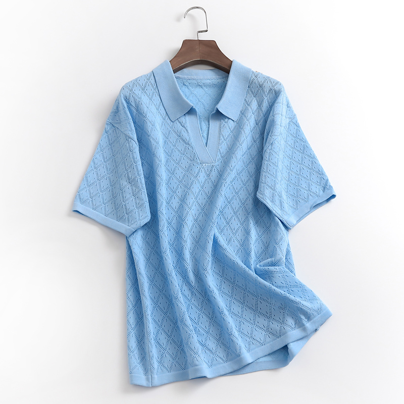 L317 Hollow-Out Diamond Pattern Short-Sleeve Women's 2023 Summer Loose Knit Half-Sleeve Polo Collar Pullover Korean Style Top L317 Hollow-Out Diamond Pattern Short-Sleeve Women's 2023 Summer Loose Knit Half-Sleeve Polo Collar Pullover Korean Style Top