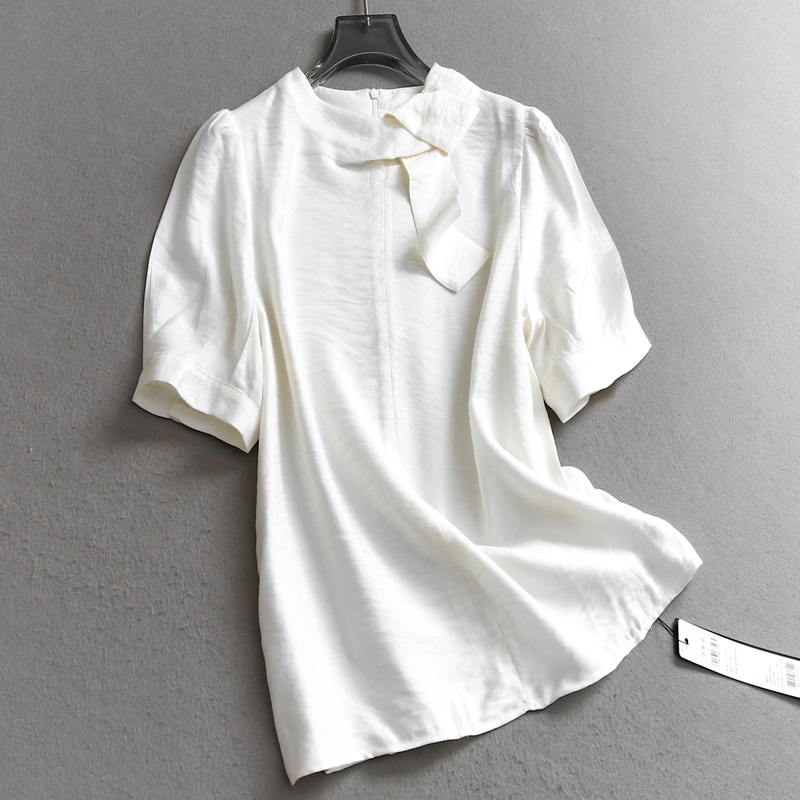 Solid Color Cool Drape Commuter Shirt with Neck Ribbon 2025 Summer New Puff Sleeve Versatile Short-Sleeve Women's Shirt C801