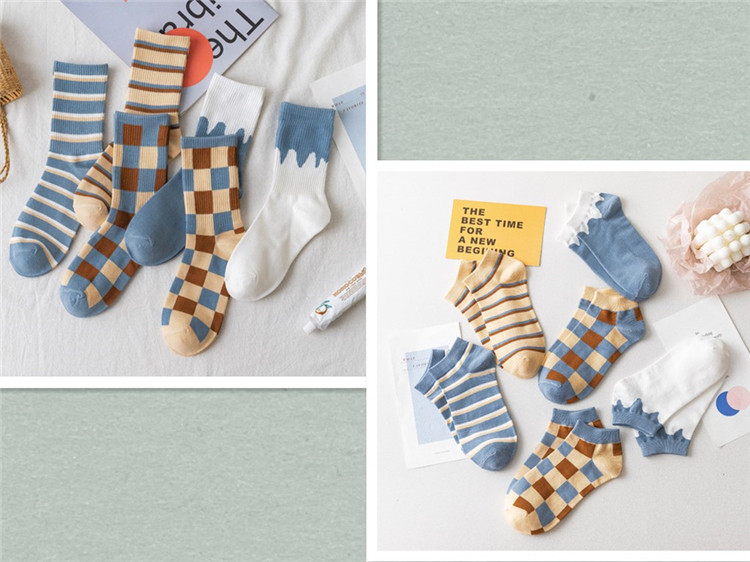 Q672 Sox Children's Chains Chaoges Pure Cotton Short Sox Retro Striped Plaid Invisible Socks Korean version College Wind
