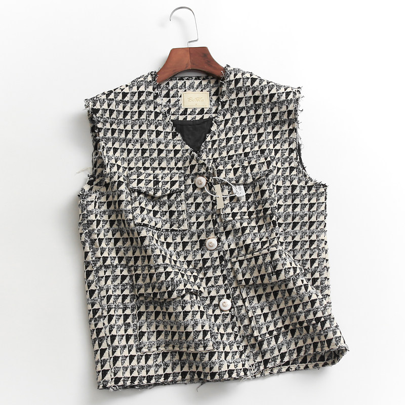 G517 Collision color jacket jacket V collar autumn winter new pocket single row of elegant temperament female waistcoat waistcoat