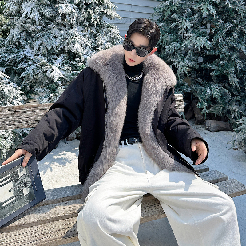 Whole Fur Fox Fur Integrated Fur Collar Wool Real Fur Lining Parka Korean Style Men's Mountain Eagle Jacket Whole Fur Fox Fur Integrated Fur Collar Wool Real Fur Lining Parka Korean Style Men's Mountain Eagle Jacket