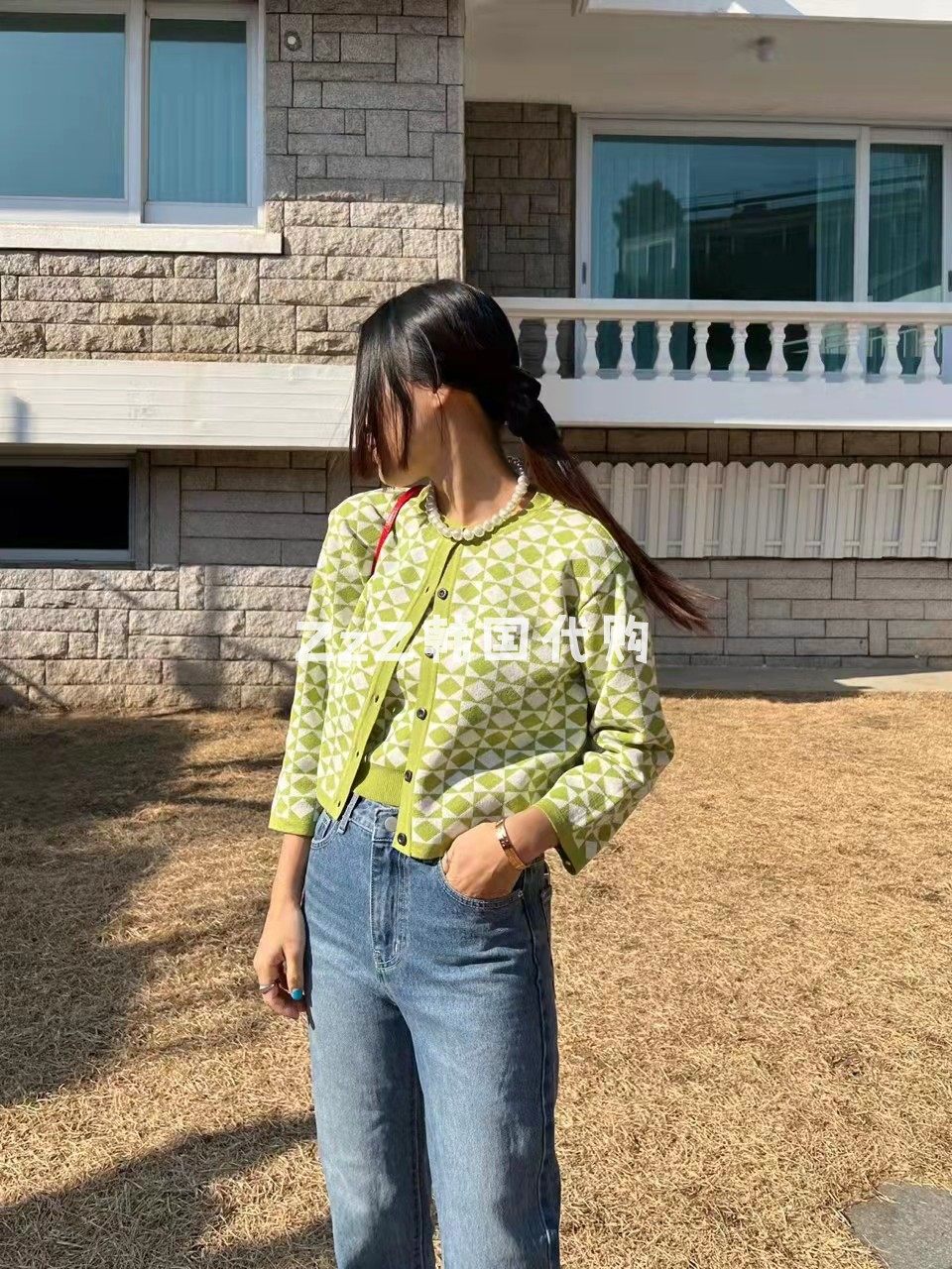 (two) ZzZ Korea Dongdaemun Spring paragraph checkered knitted sweatshirt sling suit 2059