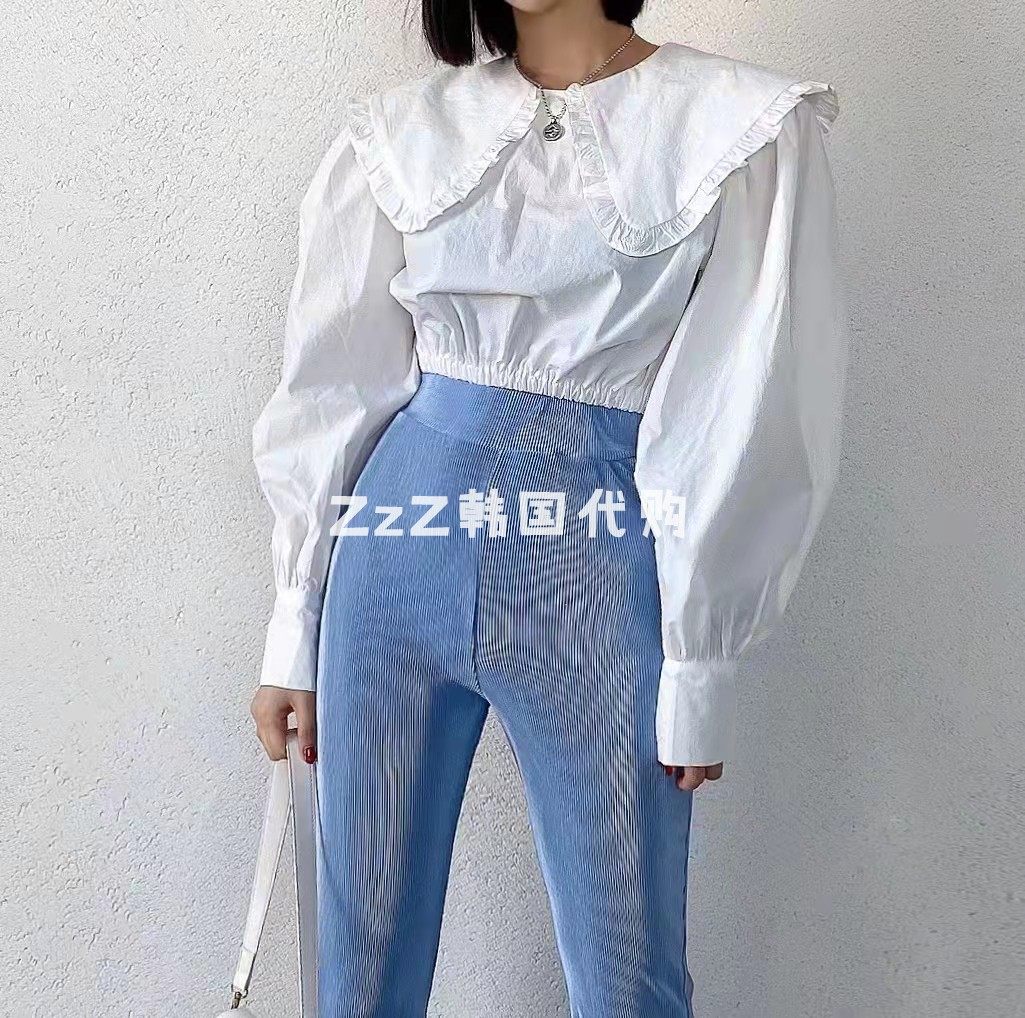 Two-piece ZZ Korea Dongdaemun Spring Festival Agaric Side Large Turnover to collect waist Short-style shirt 2146