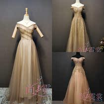 Rental custom female shoulder Champagne luxury nail bead evening dress fairy air Annual Meeting host dress